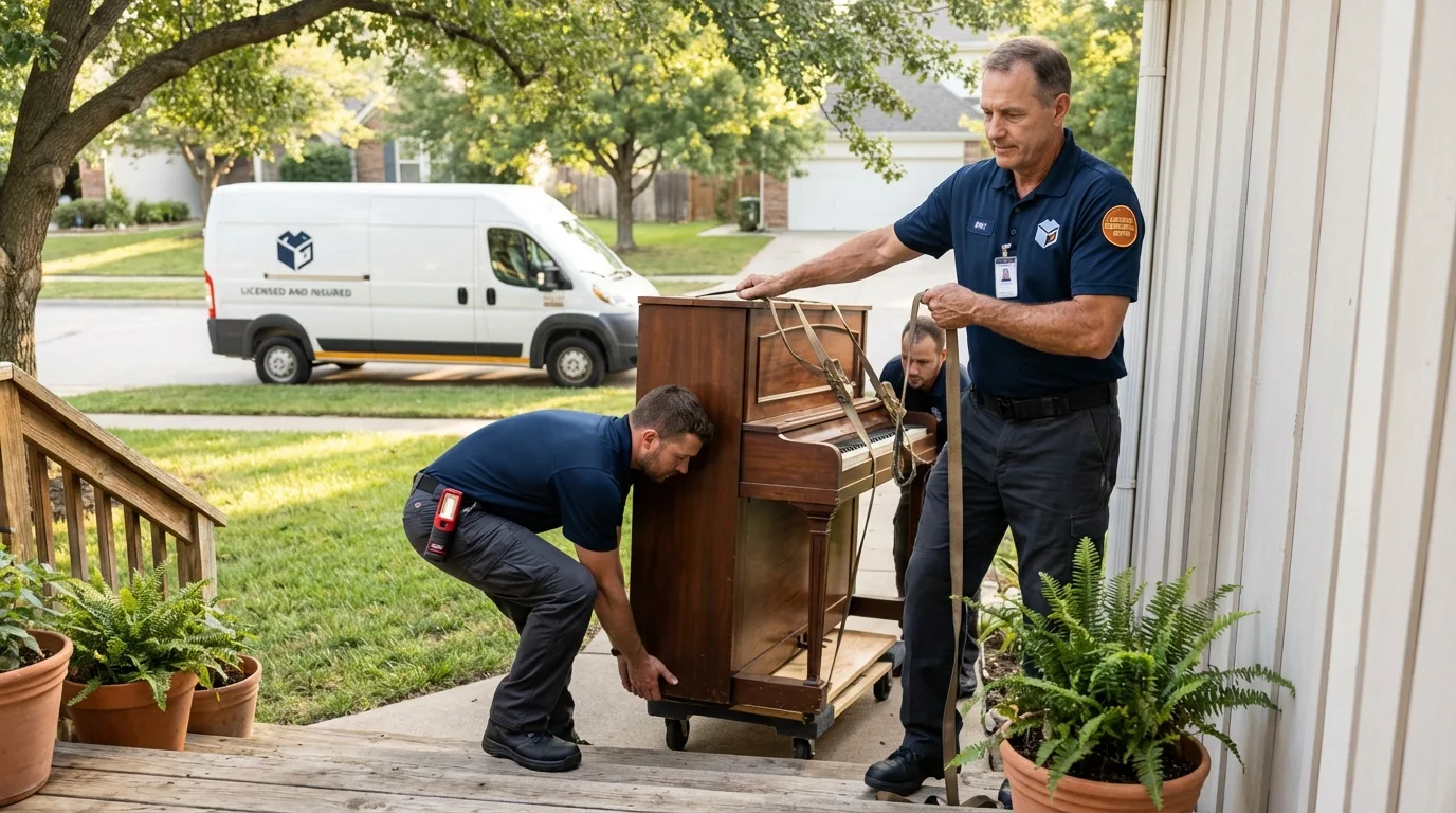 Licensed piano movers securing grand piano in Helotes, TX
